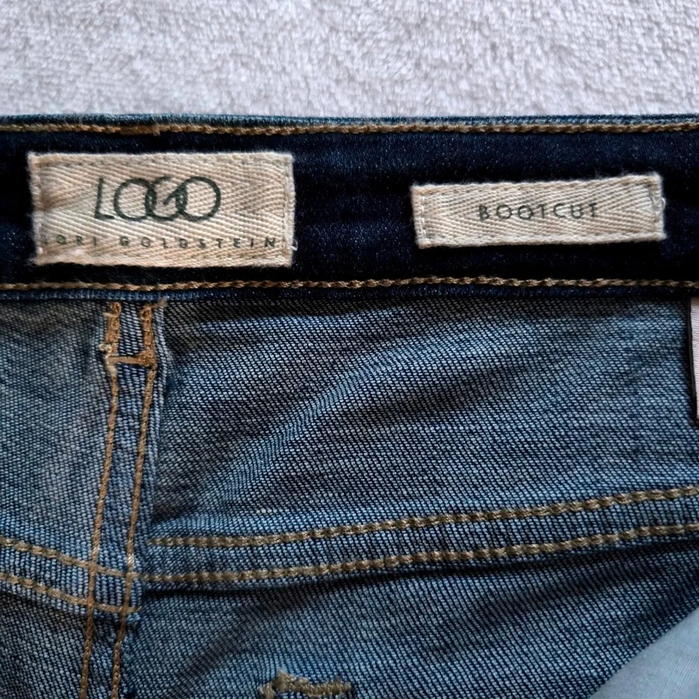 LOGO Lori Goldstein Bootcut Jeans Side Stripe Raw Hem Dark Wash Blue 12 New